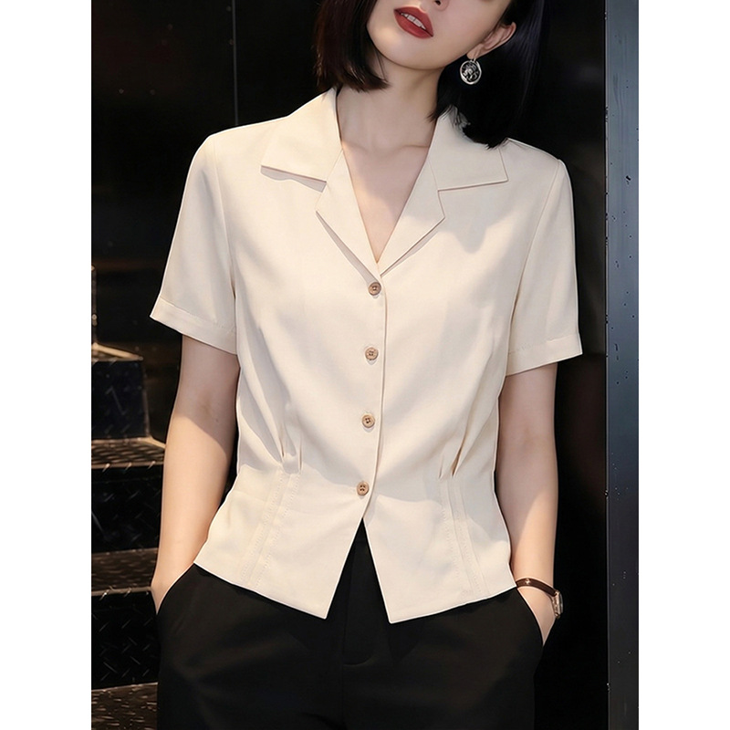 Suit Collar Waist-Nipped Short-Sleeve Shirt for Women 2026 Summer New Slimming Top