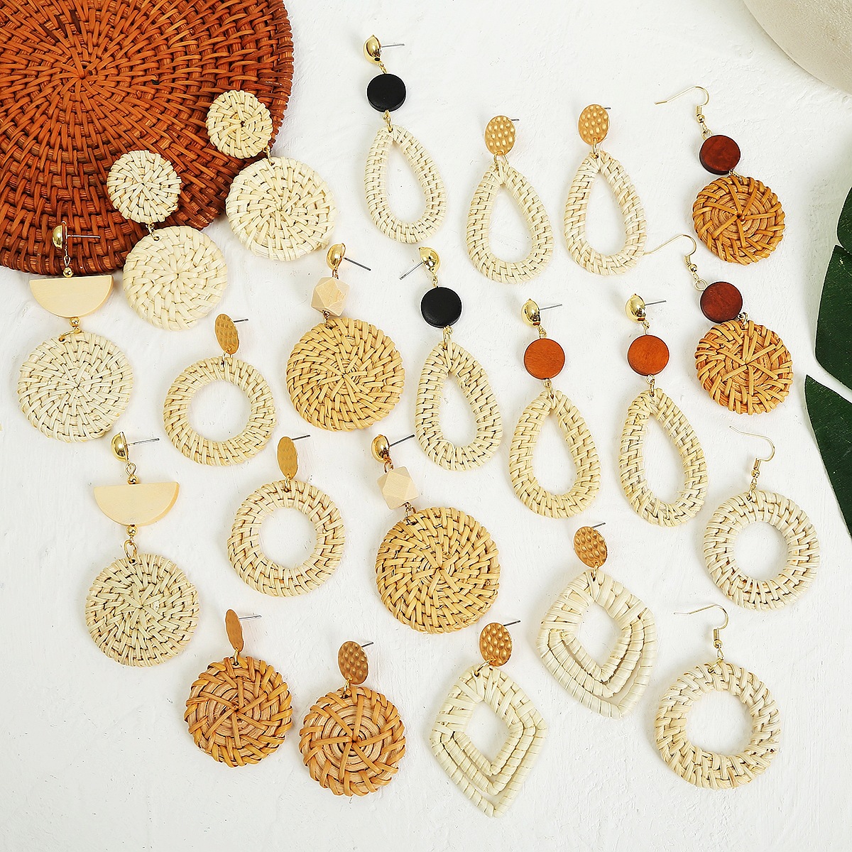 Hand-woven rattan earring set new Bohemian earrings natural rattan earrings