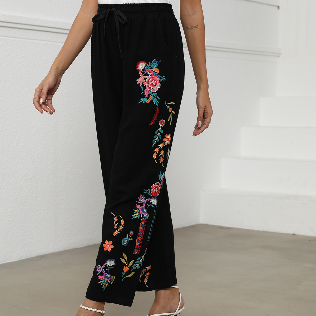 Ethnic style wide-leg straight-leg pants cotton-linen embroidered flower nine-point skirt pants summer loose plus size casual pants #048