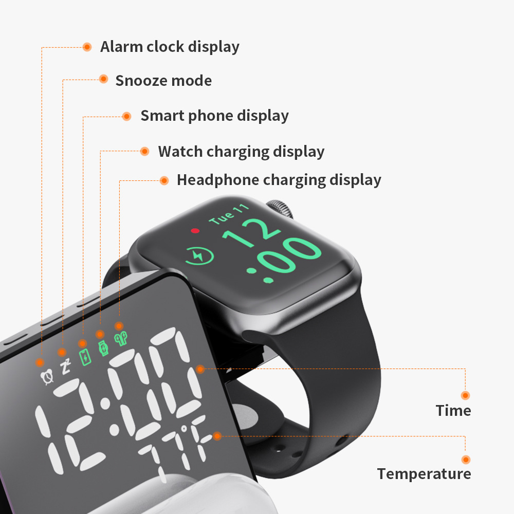2024 15W 4-in-1 Wireless Charger with Clock LED Digital Alarm Clock Temperature Display Stand Wireless Charger