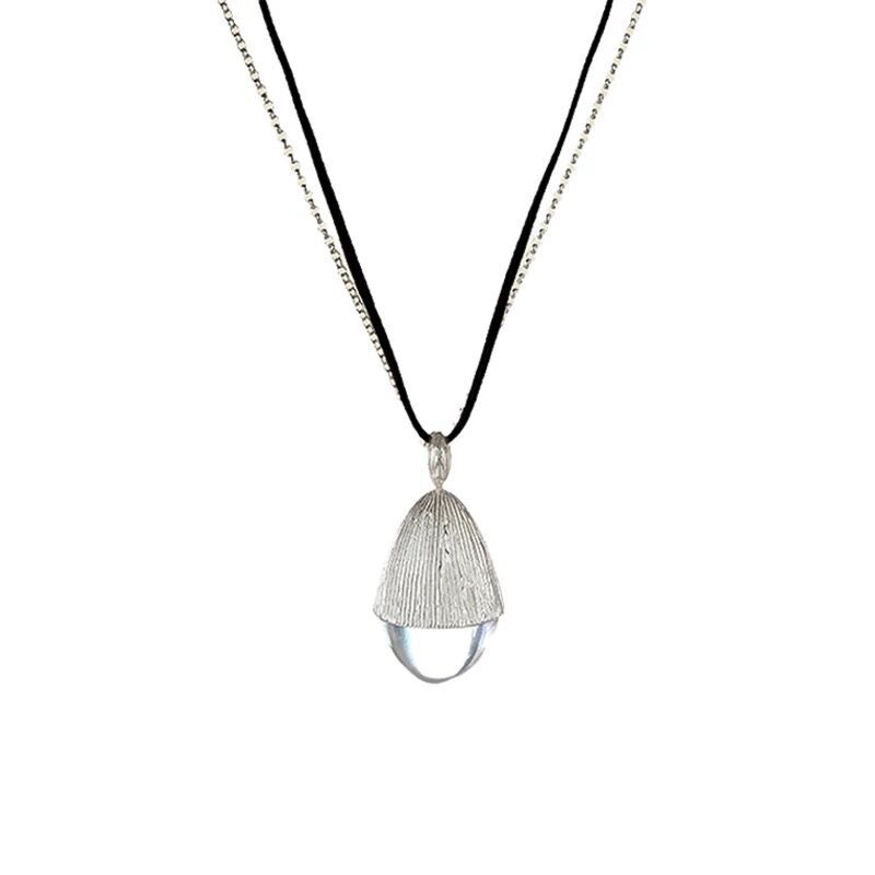 White Crystal Pinecone Suede Cord Long Necklace for Women Autumn Winter Sweater Chain