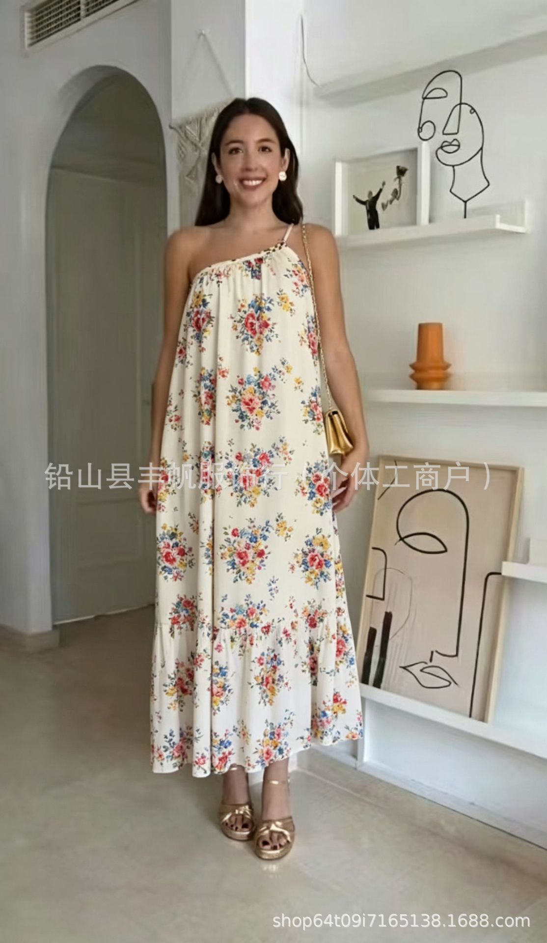 Floral Print Halter Neck Camisole Long Dress Seaside Outing Loose Cover Fat Bohemian Vacation Dress