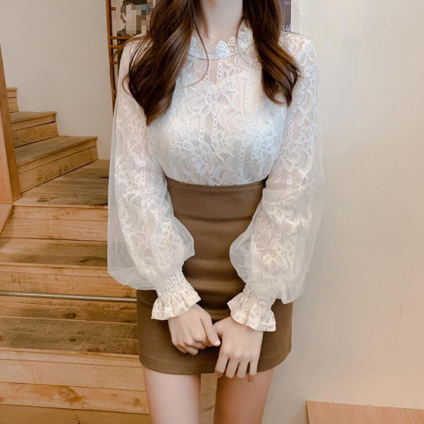 2021 Autumn New Sweet Mesh Spliced Women's Shirt Lace Top Loose Embroidery Lace Shirt Women