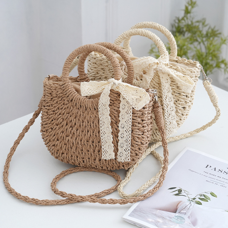 Small Simple Crossbody Basket Bag Woven Bag Hollow Out Straw Woven Women's Handbag Straw Bag Compact