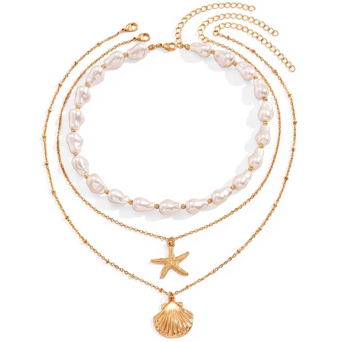 Accessories Simple Starfish Shell Pendant Necklace Vacation Style Pearl Bead Choker Necklace for Women