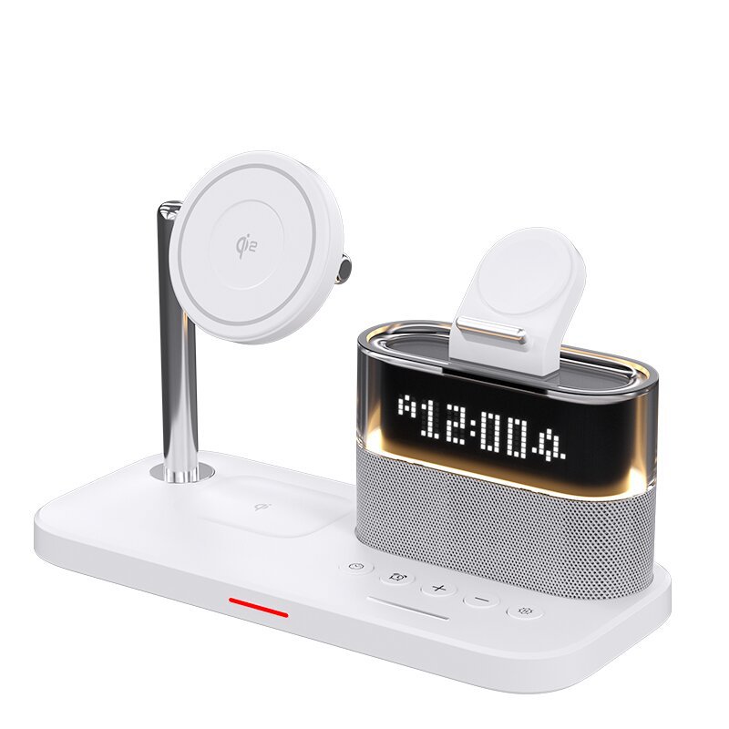Desktop magnetic three-in-one wireless charger with colorful touch night light and alarm clock, suitable for Apple series, factory direct sales