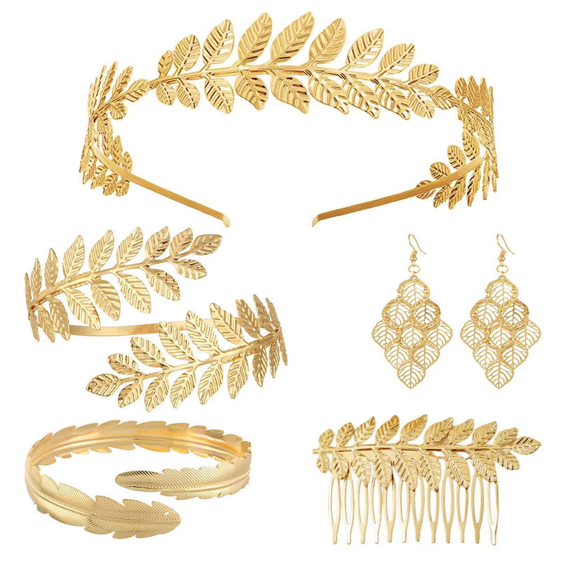 Bridal leaf headband gold goddess leaf hair comb headpiece bracelet pearl earring set