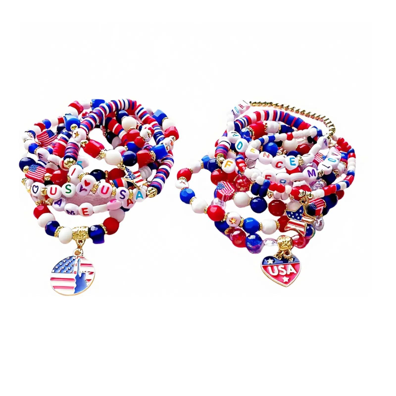 American Flag Bracelet Five-pointed Star Pendant Love Red White Blue USA Independence Day Multi-layer Elastic Bracelet