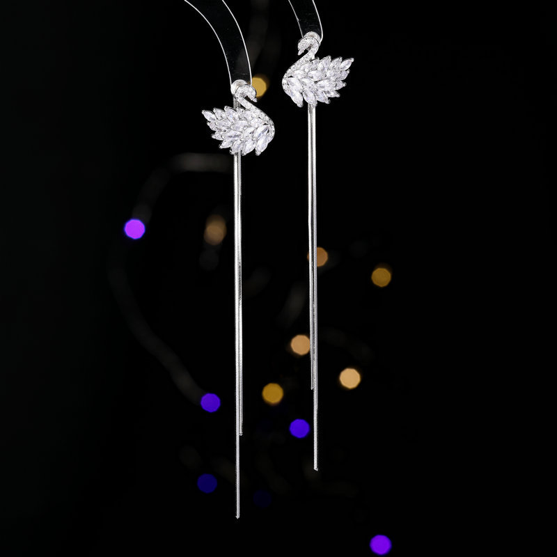 Korean-Japanese Two-Way Wear Tassel Swan Earrings 2024 New Black Swan Earrings 925 Silver Needle Long Earrings