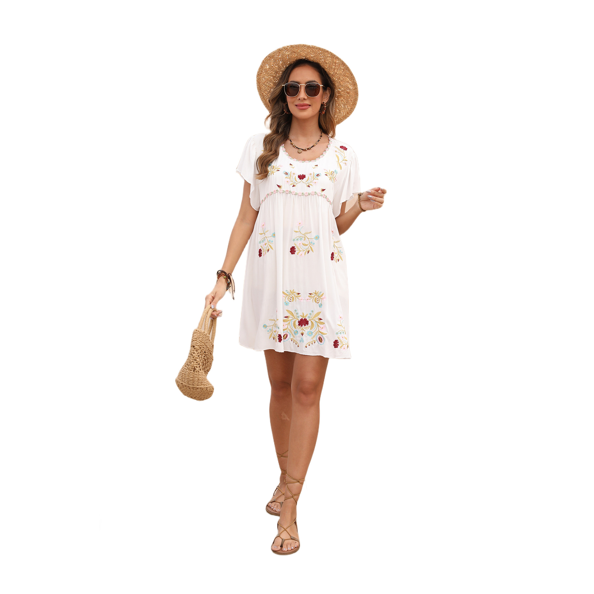 Embroidered casual loose dress summer V-neck short dress women #762