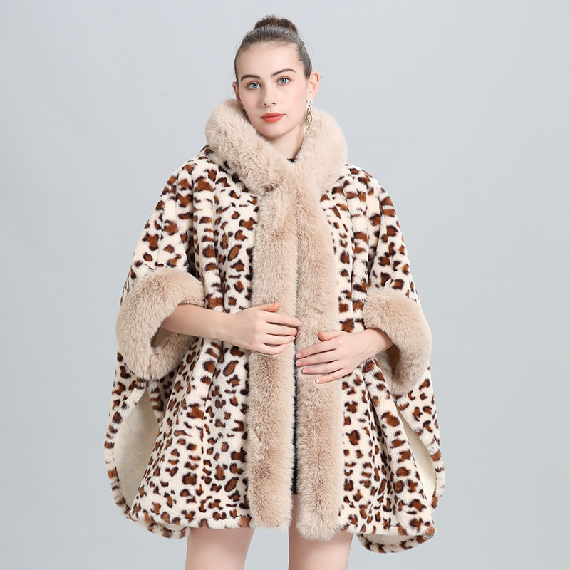 Live Supply Cape Shawl Fleece Lined Thickened Fur Collar Tassel Knitted Shawl Plus Size Wool Coat 0961#