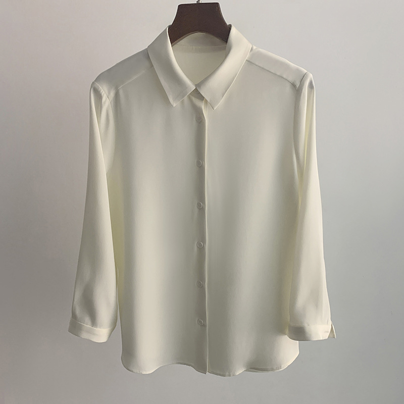 Heavyweight silk three-quarter sleeve shirt, simple high-quality commuting OL short blouse for women