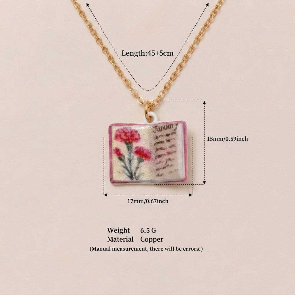New December imitation porcelain book necklace, exquisite and compact copper-plated