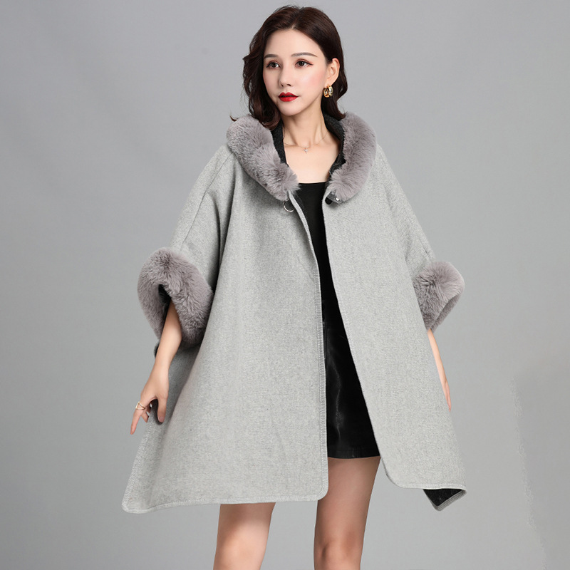 Imitation Rabbit Fur Collar Hooded Large Cape Poncho Women's Knit Cardigan Thick Loose Mid-Length Fur Coat Women