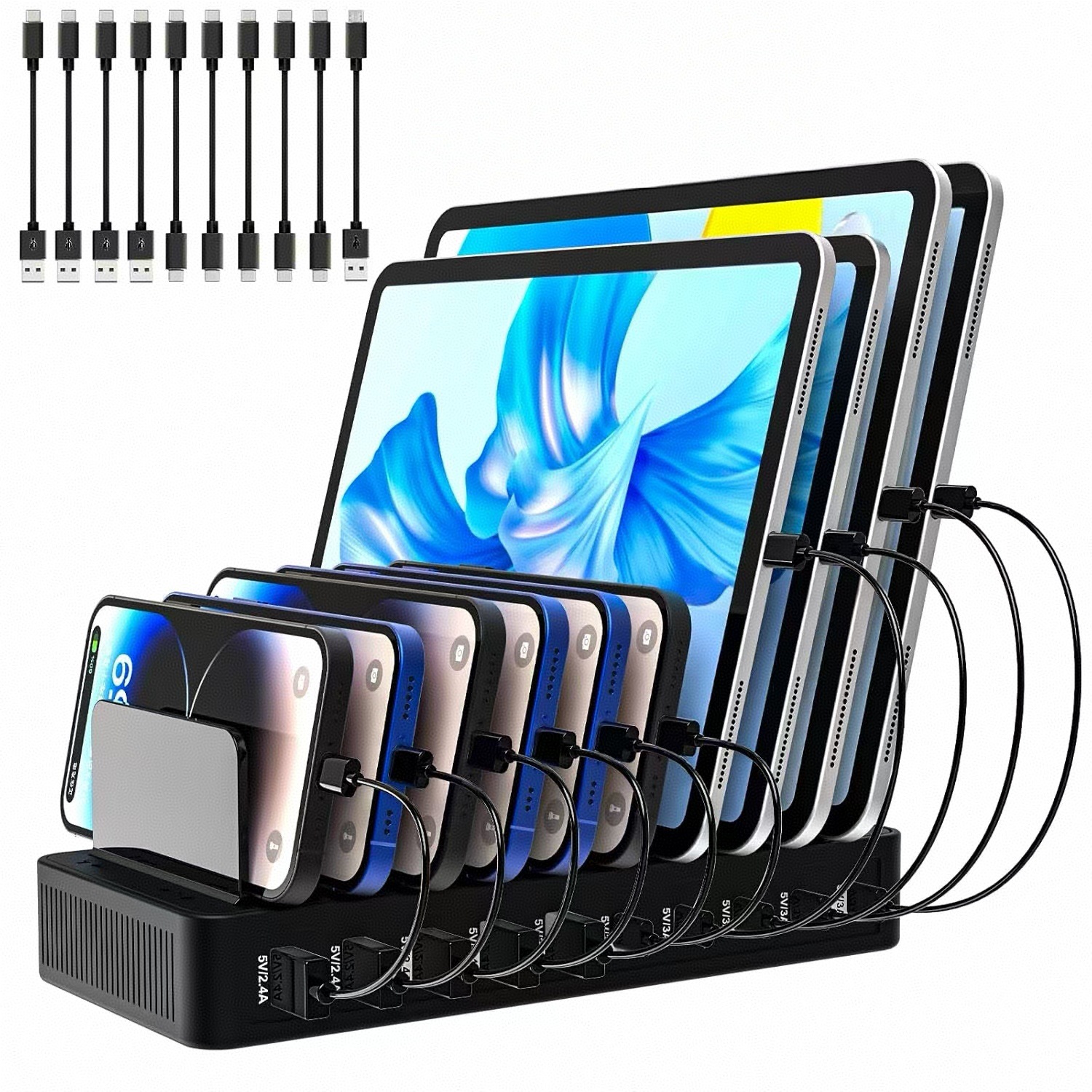 60W Multi-Port USB Desktop Organizer Fast Charger 10-Port with Stand Smart C Port PD QC Fast Charge