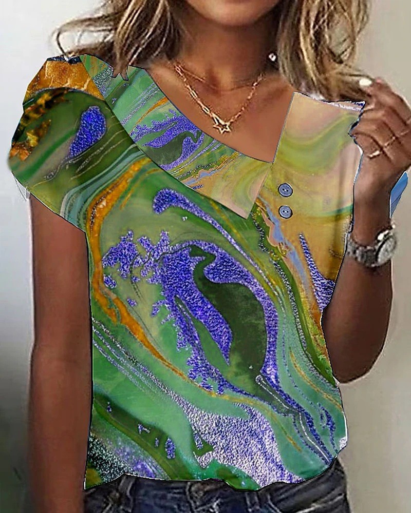 2026 New Summer V-Neck Printed Short Sleeve T-Shirt Women Loose Bubble Sleeve Casual Top
