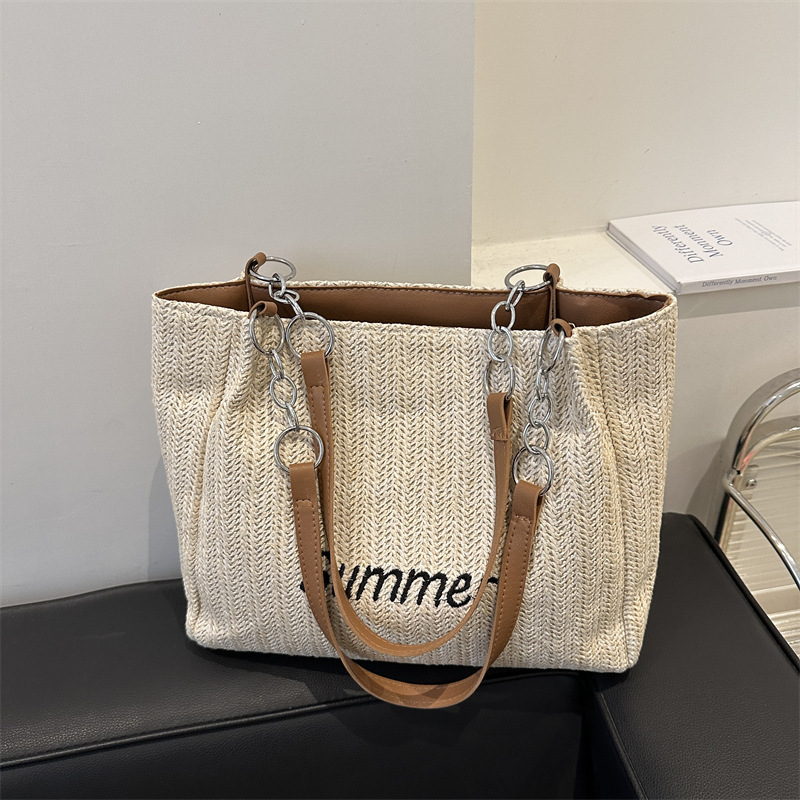 2026 new woven shoulder bag straw woven letter large capacity tote bag commuting handbag women