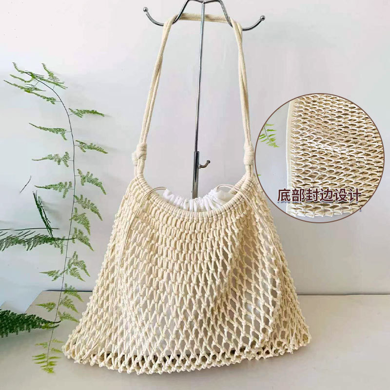 Hand-woven cotton fishing net bag, hollow mesh tote bag, large capacity tote bag, vacation style beach bag