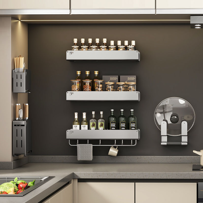 Gun gray kitchen storage rack no drilling wall-mounted wall knife rack multifunctional seasoning pot lid storage