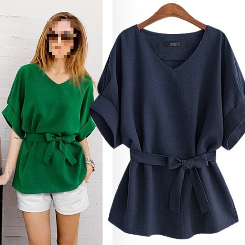 Summer Women's V-neck Linen Short Sleeve Shirt Batwing Sleeve Plus Size Loose Waist Cotton-linen Top