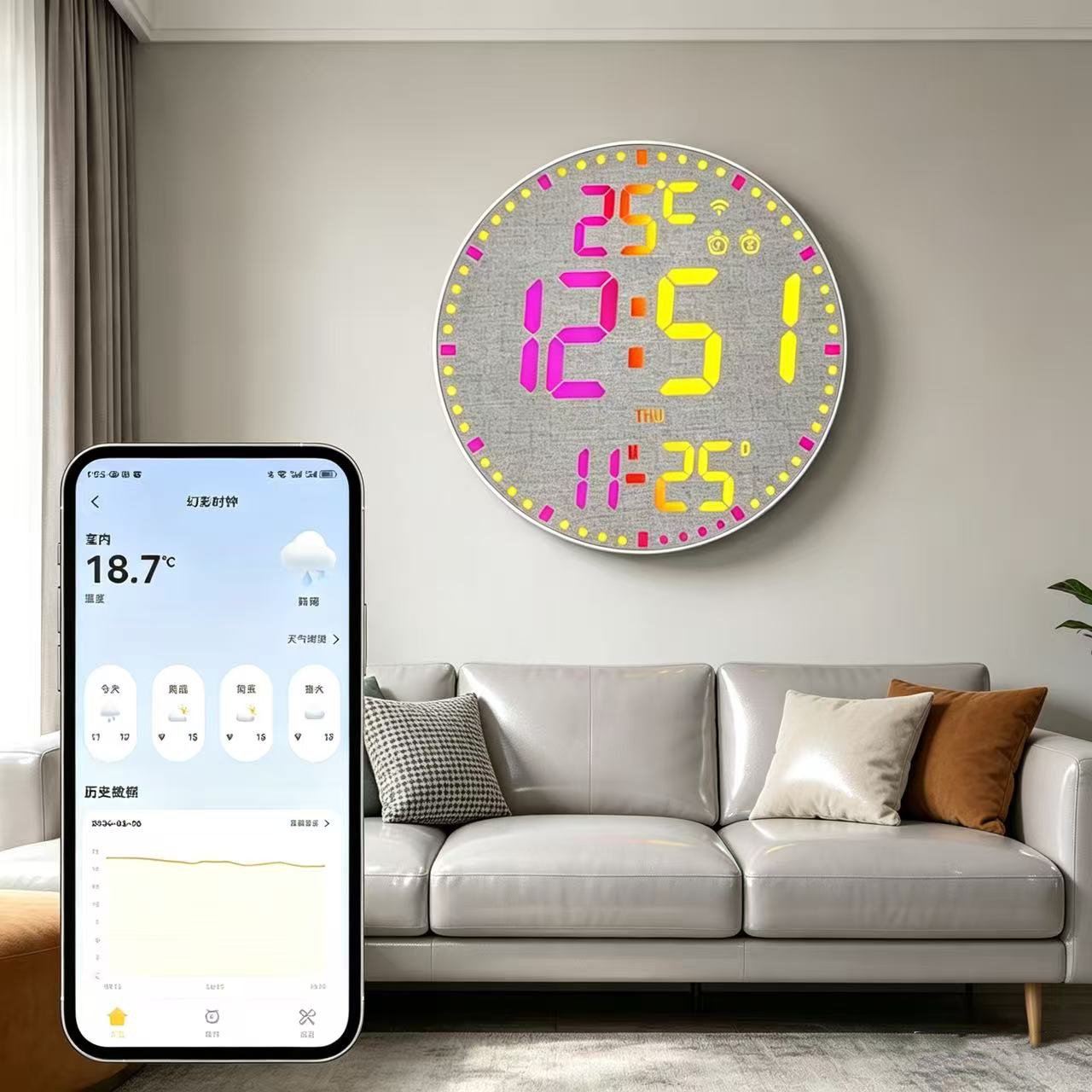 Factory-sold multi-night-light bamboo wall clock, electronic perpetual calendar, digital clock, remote control alarm clock, living room wall clock, office clock