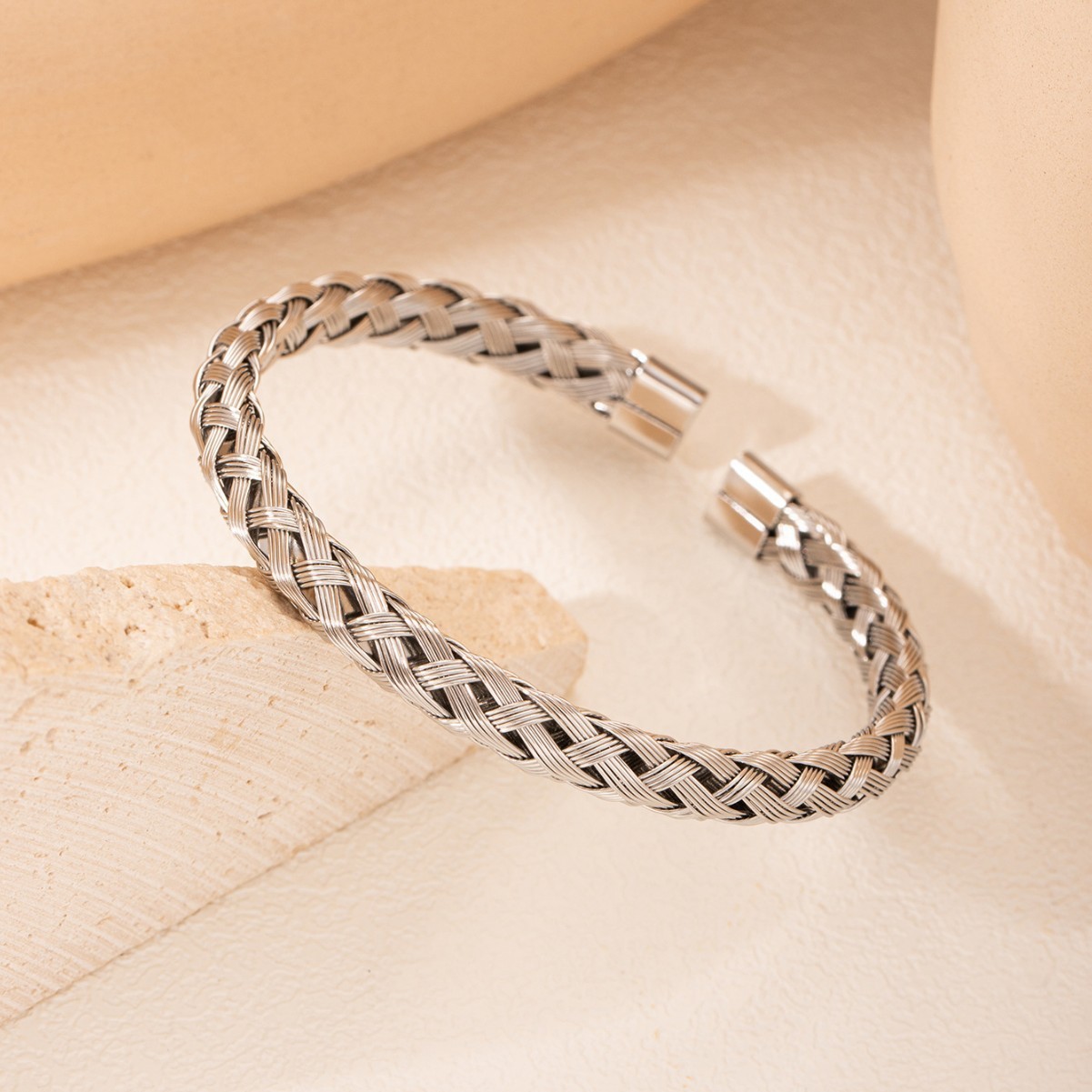 Woven open bangle for women gold-plated twisted bracelet titanium steel couple jewelry