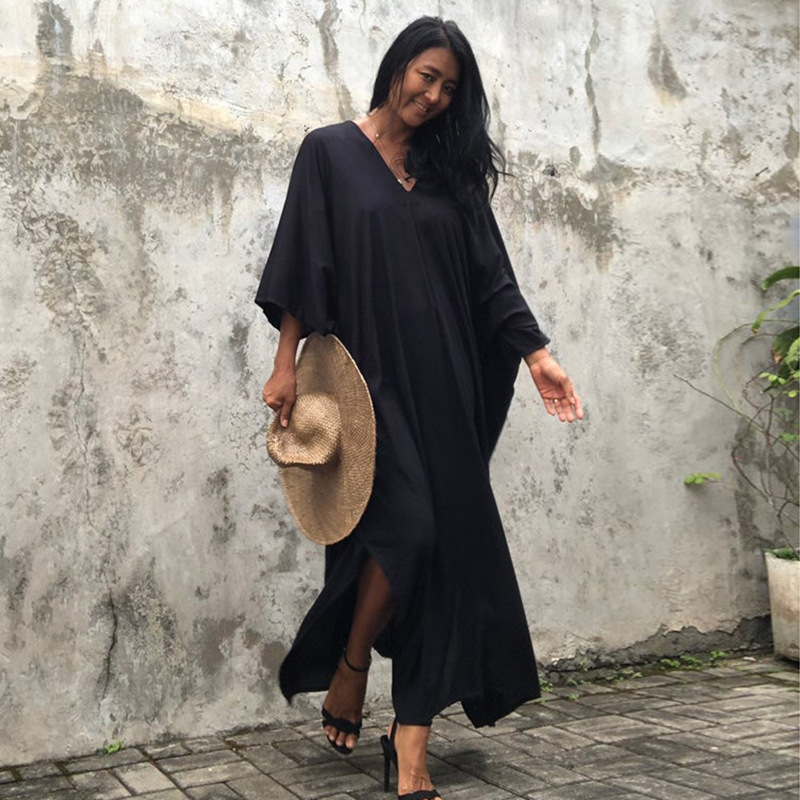 New Rayon Solid Color Cover Up Seaside Vacation Long Dress Loose Cover Up Bikini Swimsuit Long Dress Outer Women