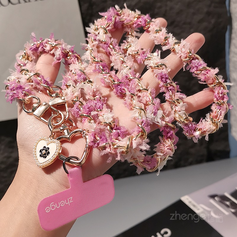 Small fragrance style metal button chain phone strap crossbody long women's niche outdoor phone wearable strap travel