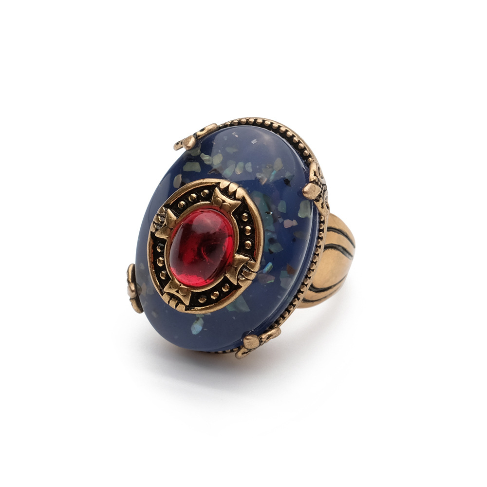 European Series Blue Glass Brass Vintage Ring for Men and Women Finger