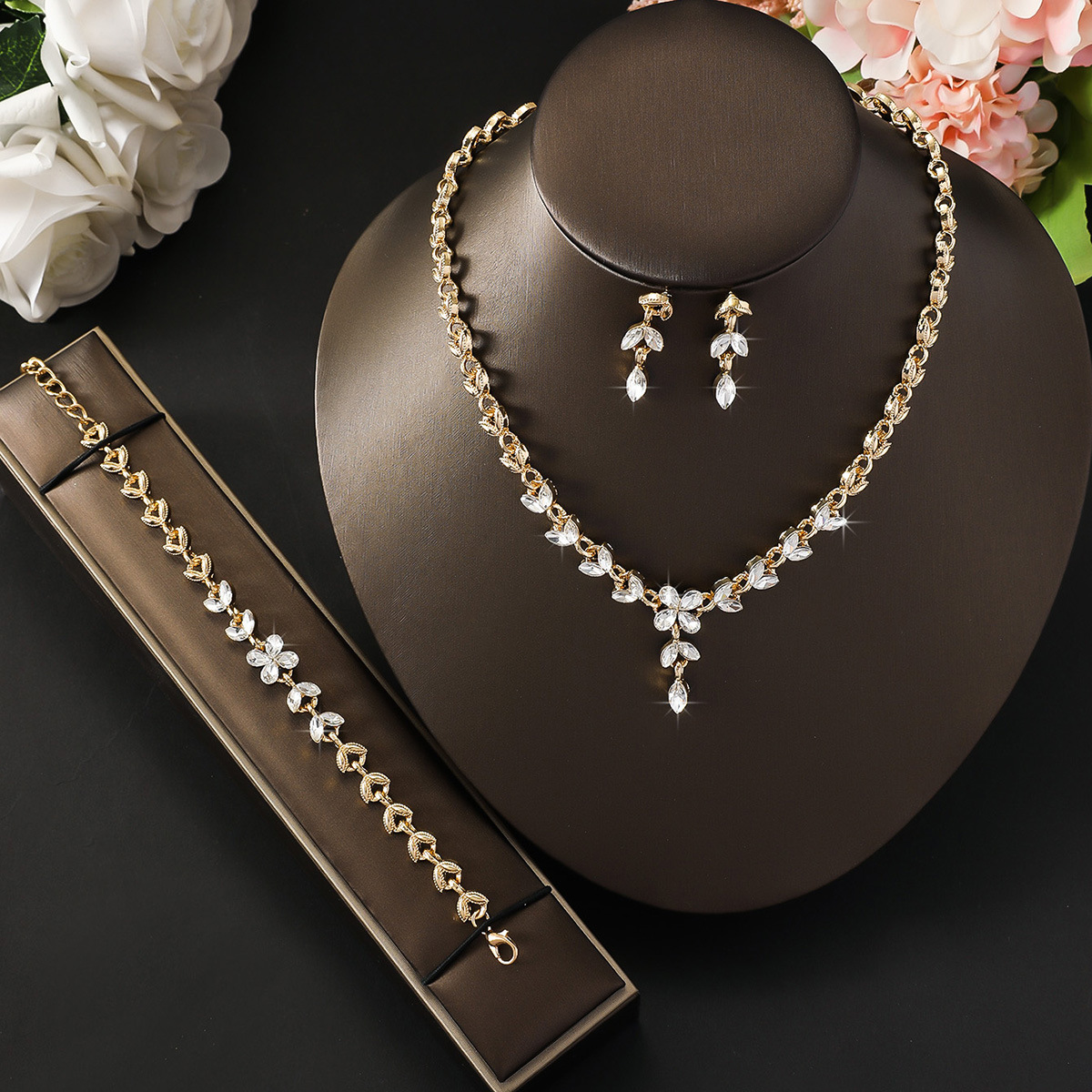 Simple Women Earrings Necklace Super Shiny Rhinestone Set Wedding Evening Banquet Accessories