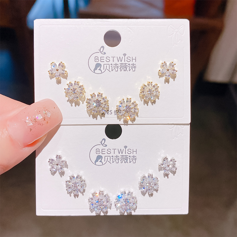 2026 new exquisite fire flower zircon small earrings three pairs, women's silver needle earring accessories set