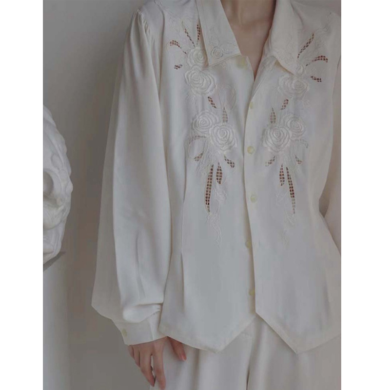 Beautiful Unique Special Blouse Mature Lady Top White Embroidered Lace Shirt Women