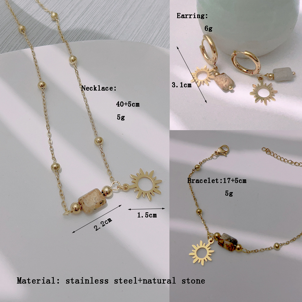 New Natural Picture Stone Jewelry Set: Titanium Steel Necklace with 18K Gold Plating