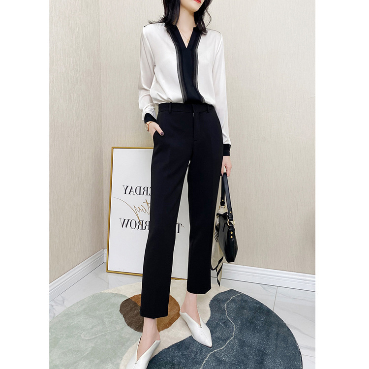 2026 Early Autumn S618 Heavyweight Mulberry Silk Shirt Top Women Long Sleeve V-Neck Black and White Contrast