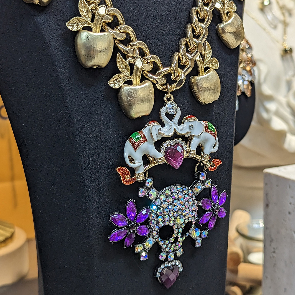 Retro Vintage Elephant Apple Floral Exaggerated Colored Diamond Punk Skull Necklace