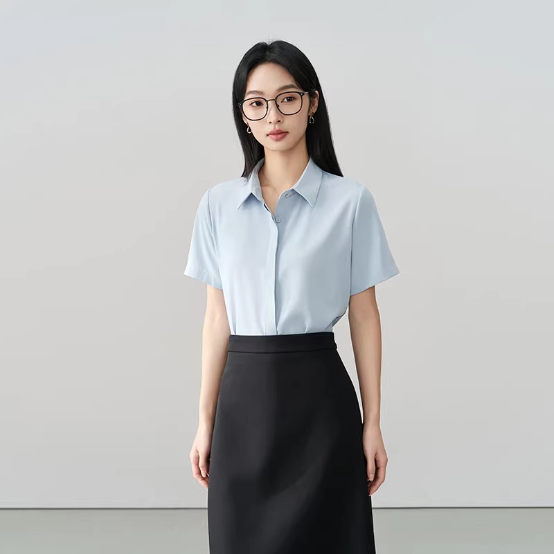 Blue Professional Short-Sleeve Shirt Women Summer New Commute Wear Chiffon Top Interview Formal Wear Petite Blouse