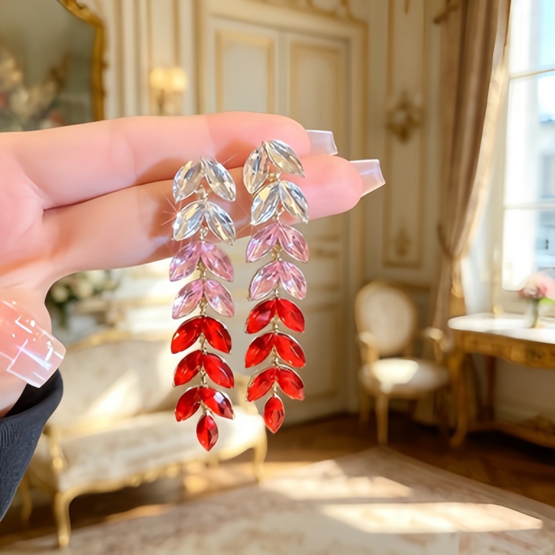 Gradient rhinestone leaf necklace earrings long tassel ear drop niche commuting new