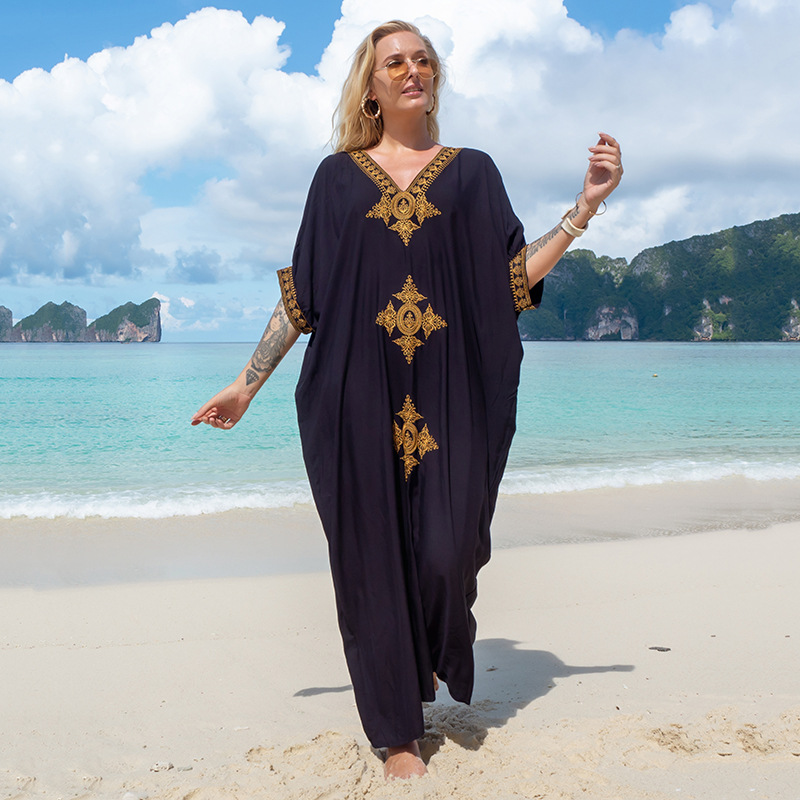 New Rayon Gold Embroidery Long Dress Beach Jacket Sun Protection Bikini Cover Up Swimsuit Outer Women