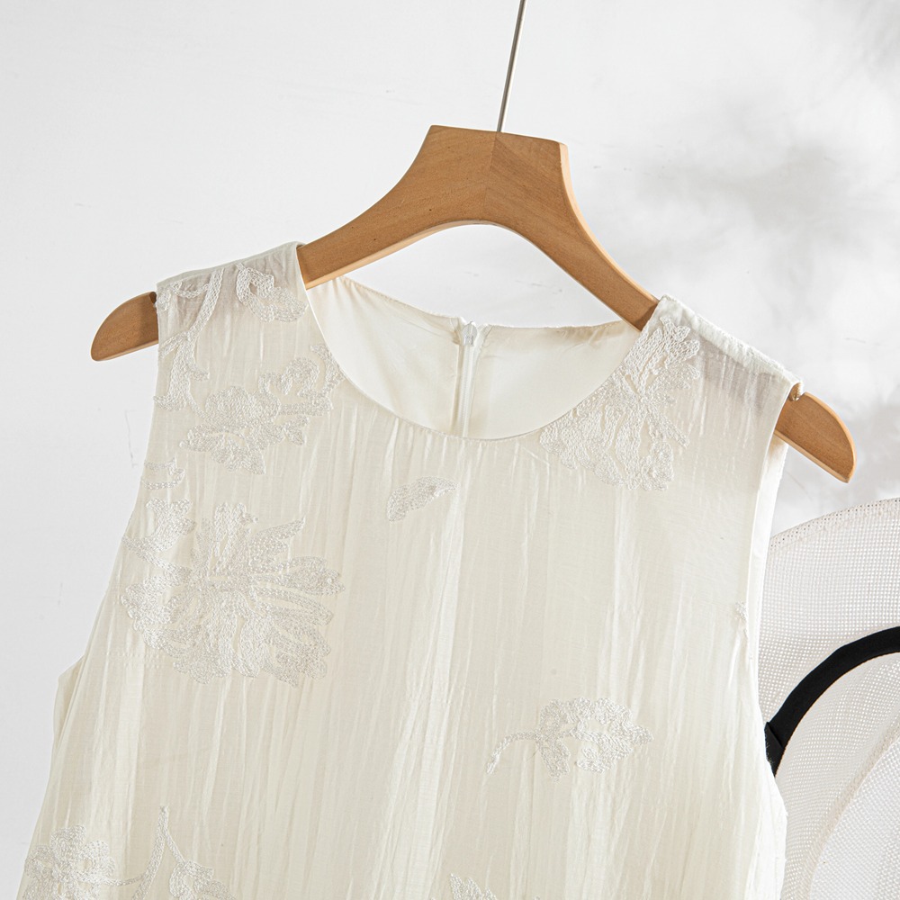 Heavy embroidery tencel white dress women summer new Chinese style long sleeveless vest dress