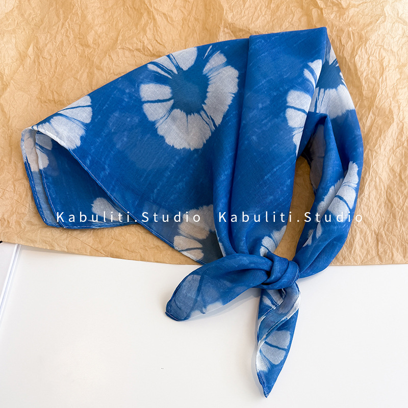 Yunnan tie-dye blue small square scarf, silk scarf for women, triangle headwrap sun protection, hair band, neck protection, thin gauze scarf