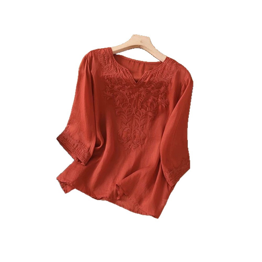 Spring summer new cotton-linen embroidered seven-point sleeve top women's loose round neck embroidered shirt
