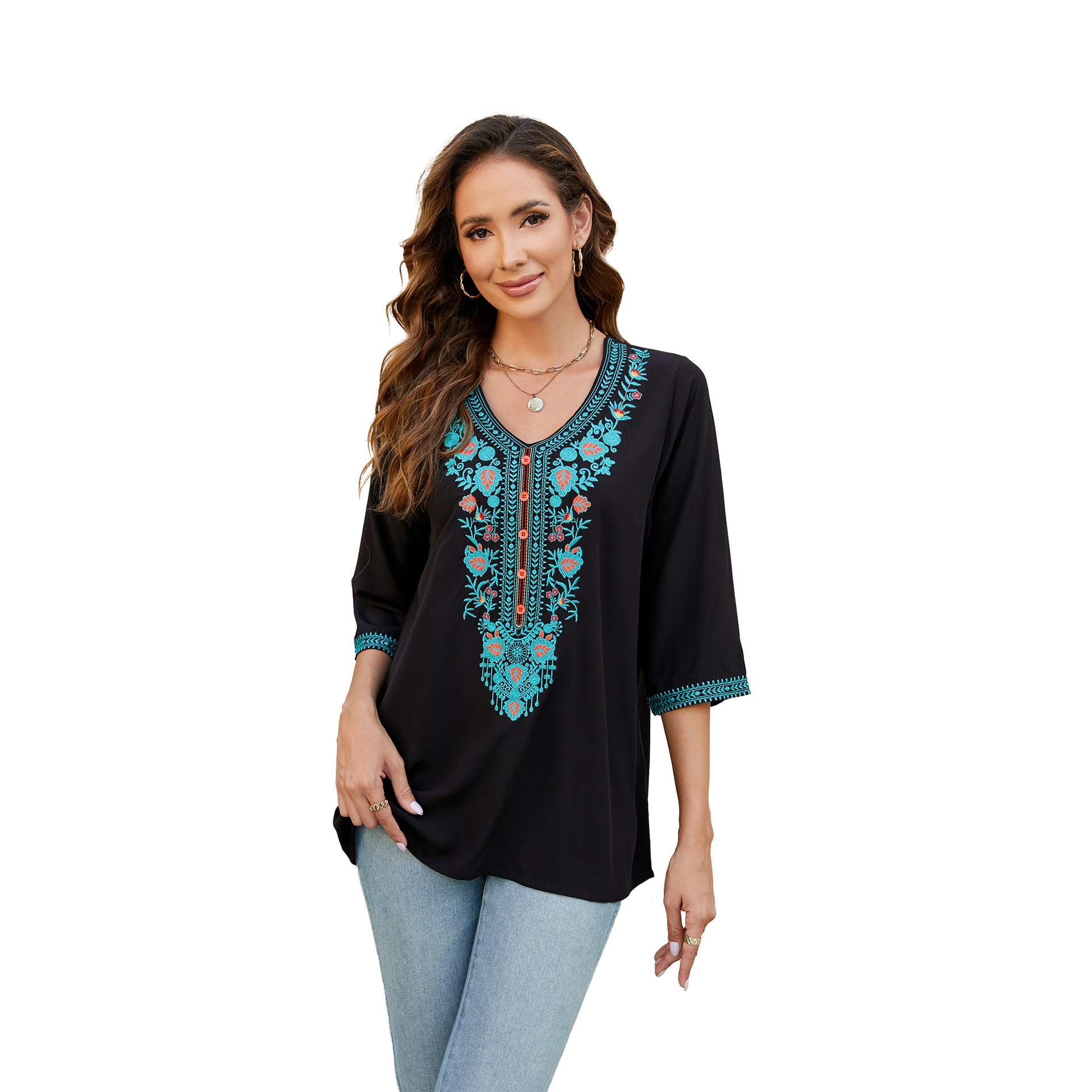 2026 summer new loose thin embroidered flower V-neck five-point sleeve T-shirt women's clothing shirt top 707