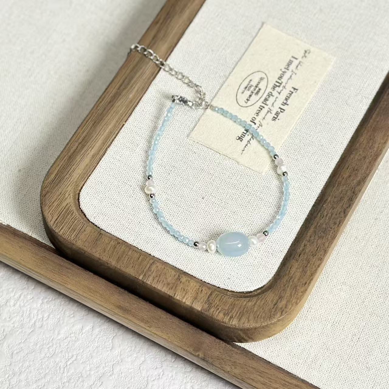 Spring Summer New Blue Cat's Eye Freshwater Pearl Necklace Women Beaded Small Simple Collarbone Chain Necklace