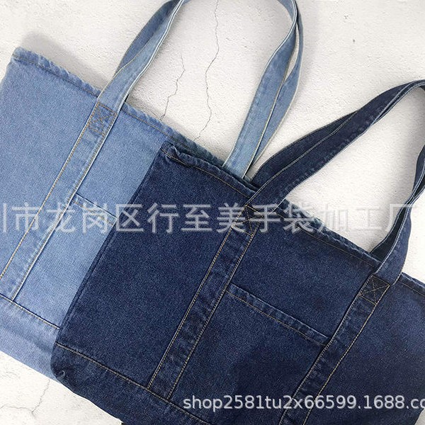 Custom denim canvas travel bag drawstring zipper single shoulder crossbody shopping bag cotton fitness storage handbag