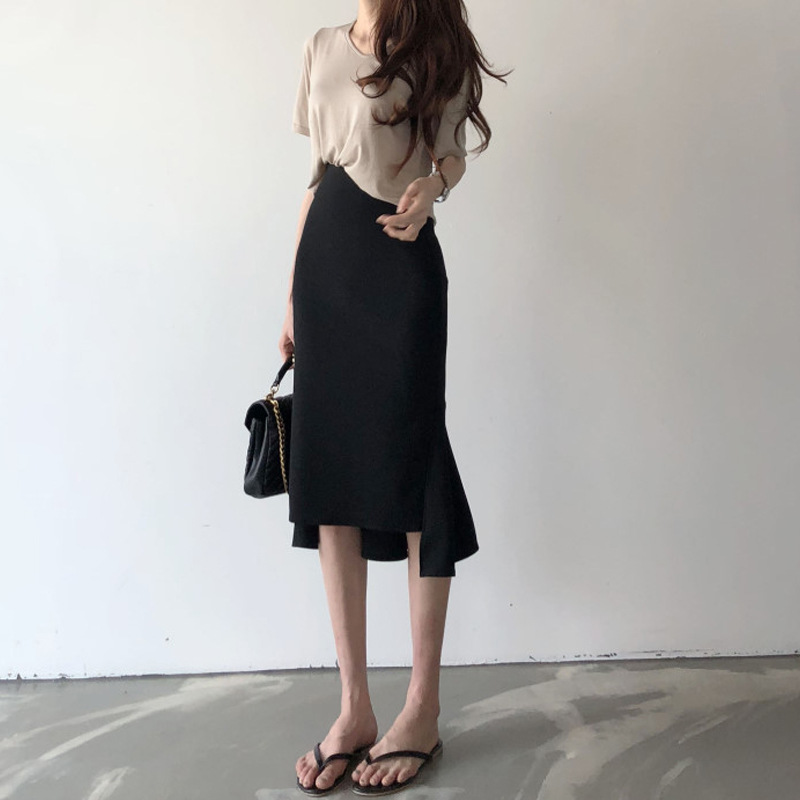 XIAOZHI~ Black Fishtail Skirt Pencil Skirt Midi Skirt Women's Spring Autumn High-Waist Irregular Niche