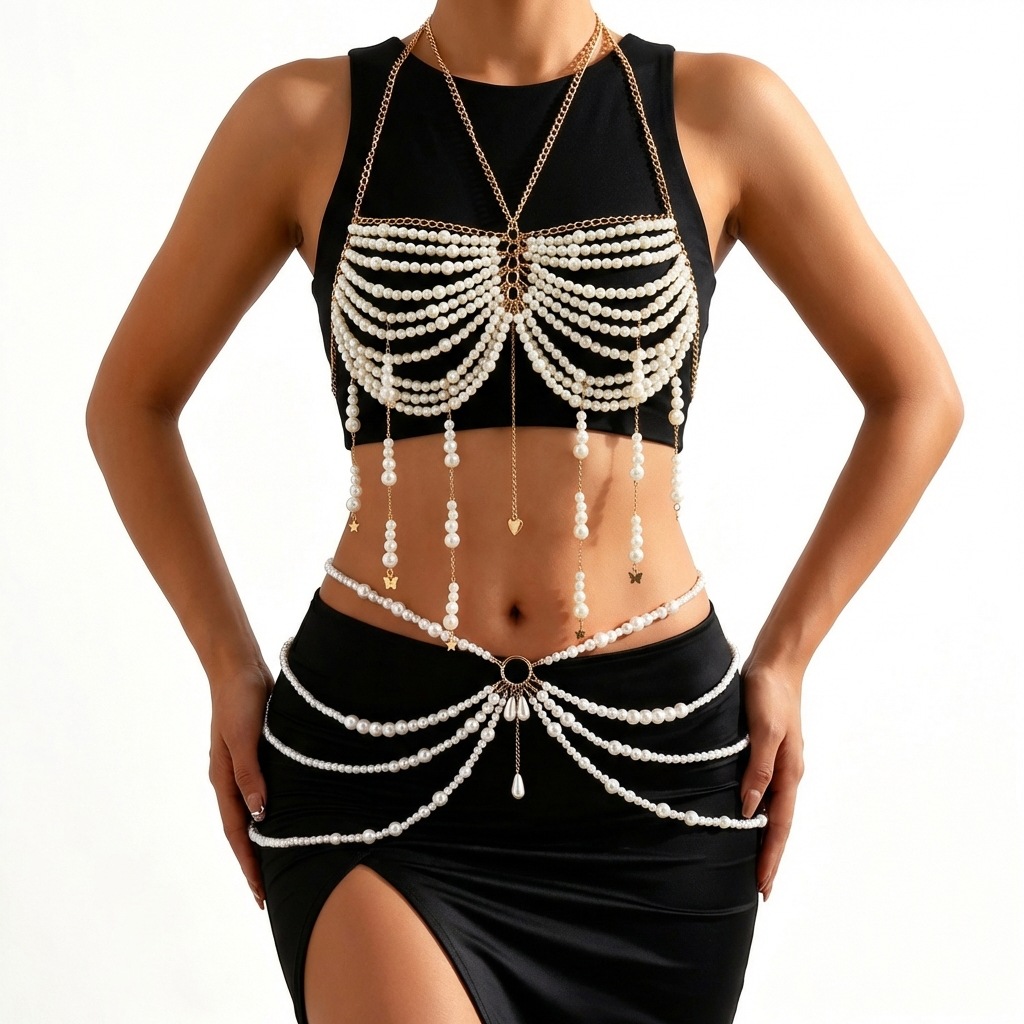 Pearl Beaded Chest Chain Tassel Halter Top Body Chain Bikini Beach Accessories