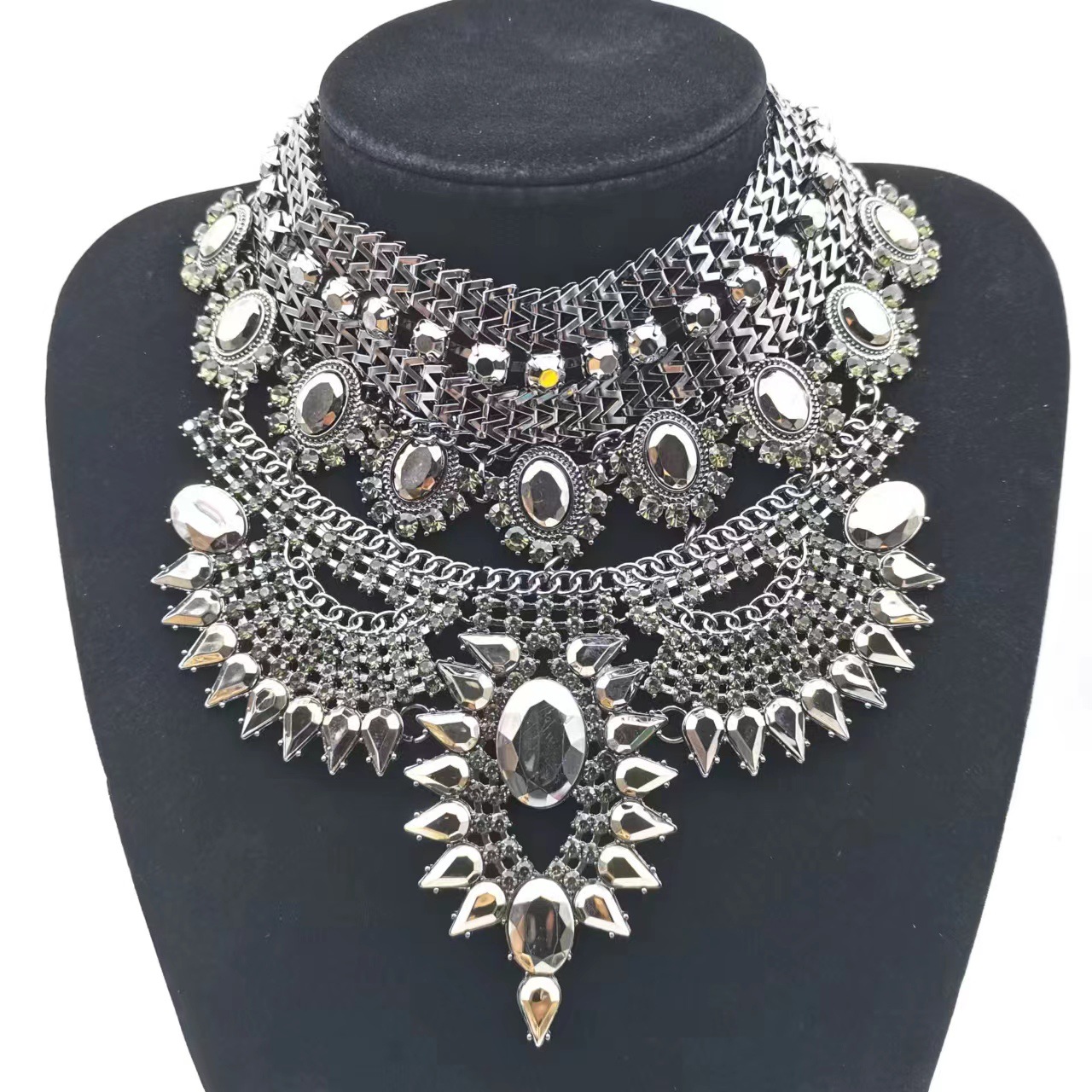Multi-layer exaggerated full rhinestone necklace alloy crystal ornament