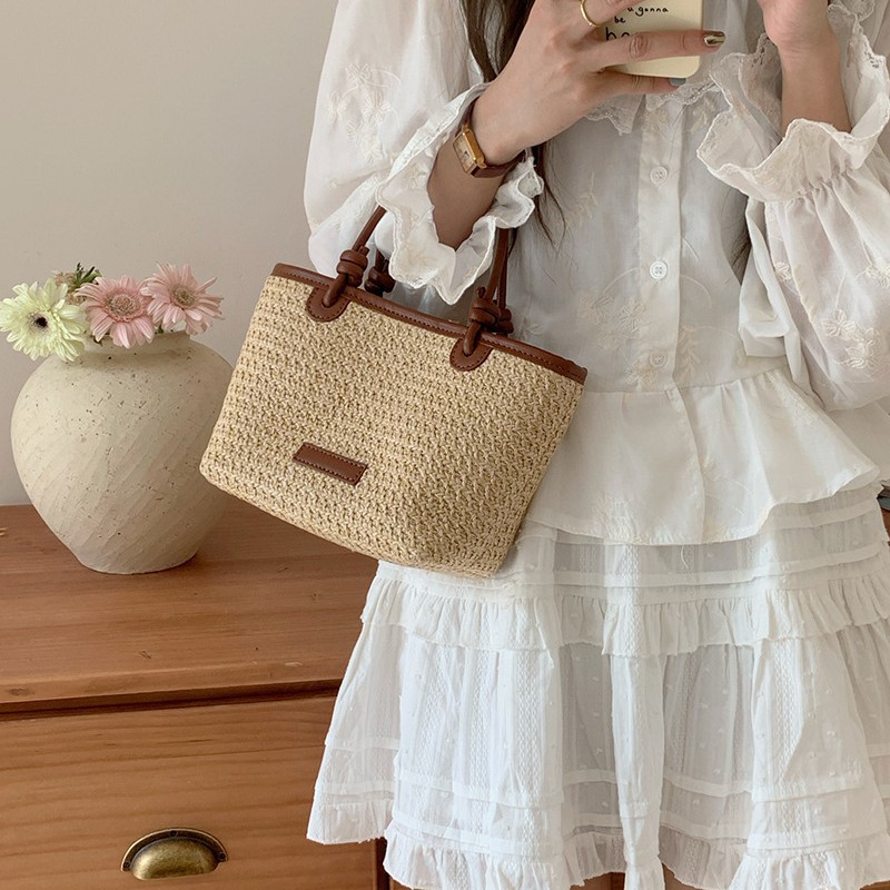 2025 Summer New Woven Bag Basket Bag Crossbody Bag Simple Bucket Bag Women