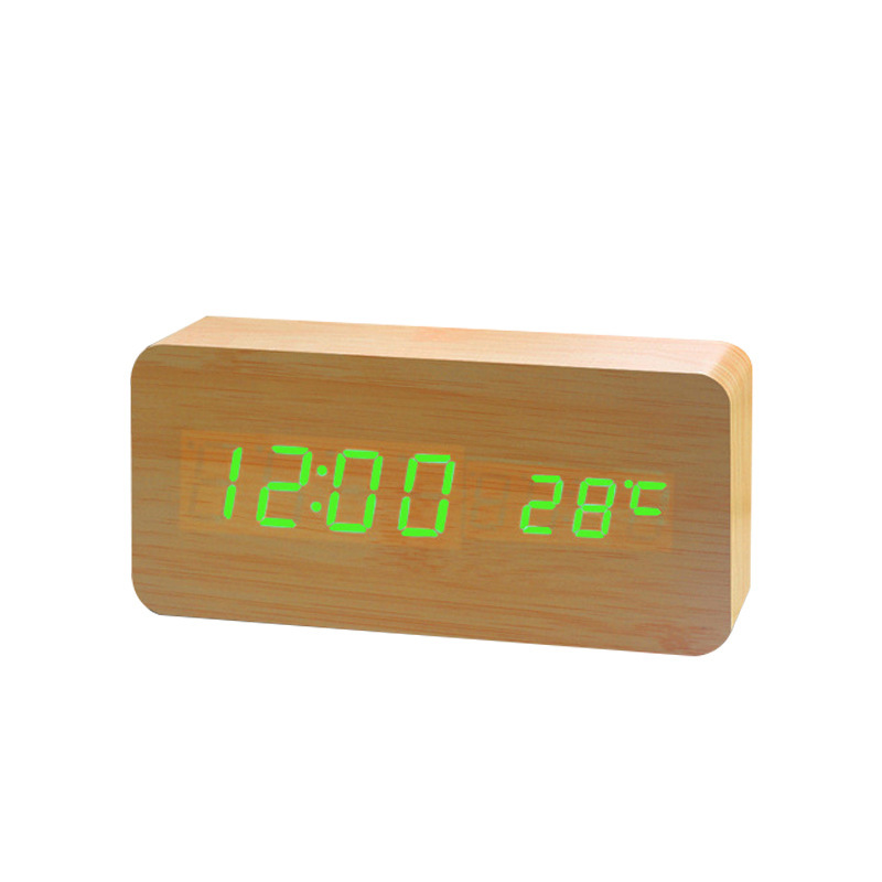 Wooden alarm clock, voice-activated night light silent temperature alarm clock, home student LED digital alarm clock