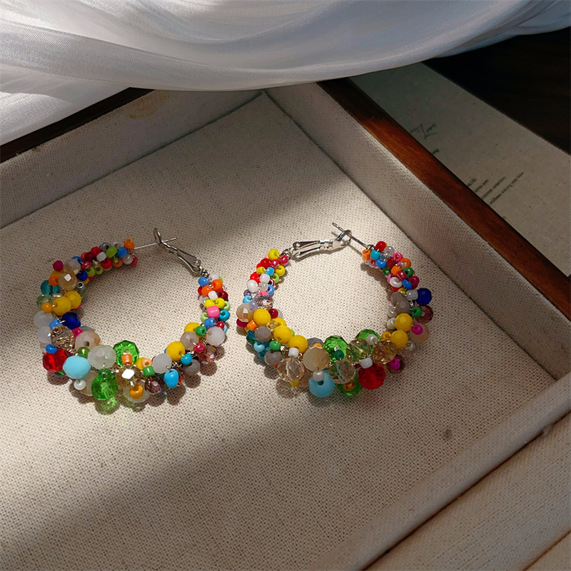 Bohemian Style Colorful Crystal Beaded Big Hoop Earrings Women Sweet Candy Color Rice Bead Wrapped Exaggerated Earrings